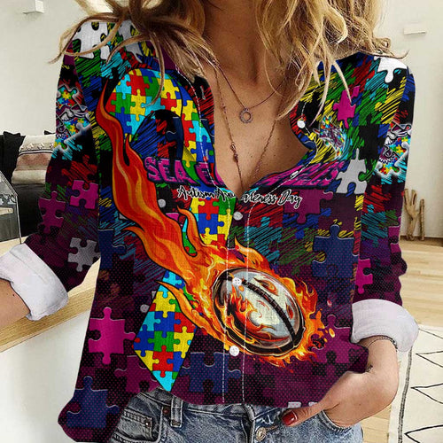 Sea Eagles Autism Awareness Women Casual Shirt Puzzle Flames Rugby Ball