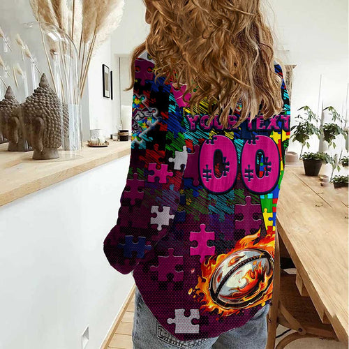 Sea Eagles Autism Awareness Women Casual Shirt Puzzle Flames Rugby Ball