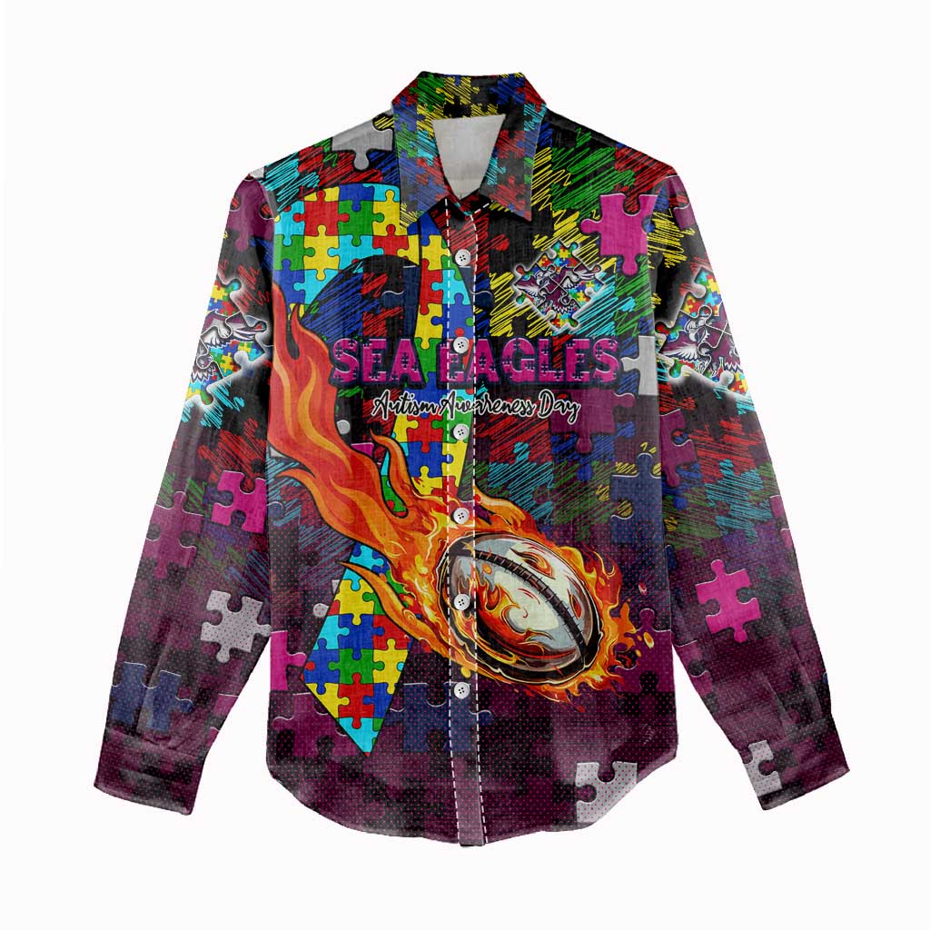 Sea Eagles Autism Awareness Women Casual Shirt Puzzle Flames Rugby Ball