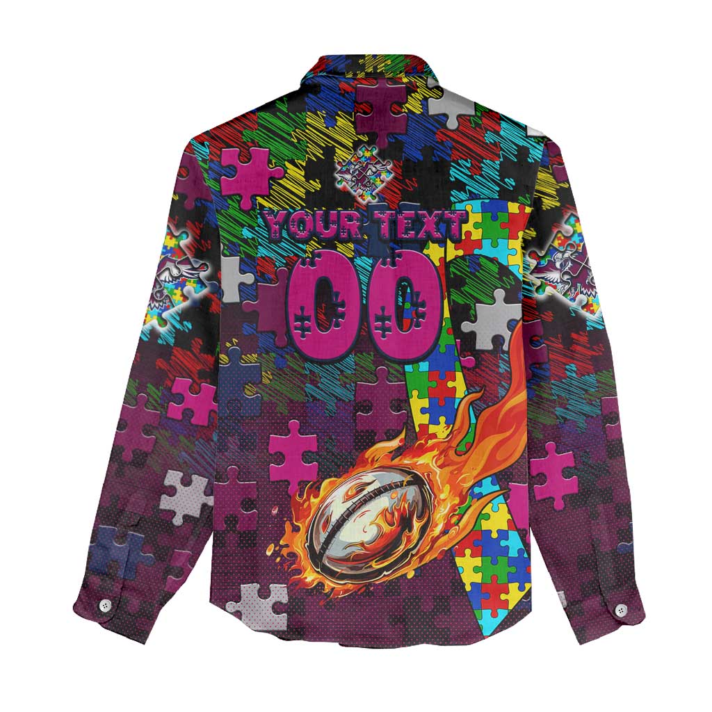 Sea Eagles Autism Awareness Women Casual Shirt Puzzle Flames Rugby Ball