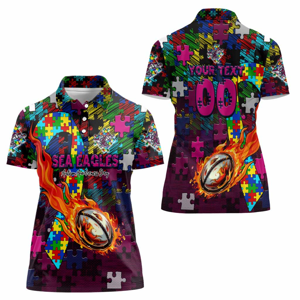 Sea Eagles Autism Awareness Women Polo Shirt Puzzle Flames Rugby Ball