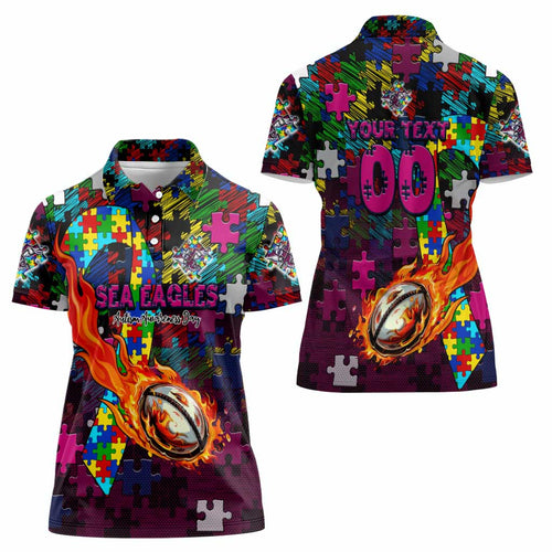Sea Eagles Autism Awareness Women Polo Shirt Puzzle Flames Rugby Ball