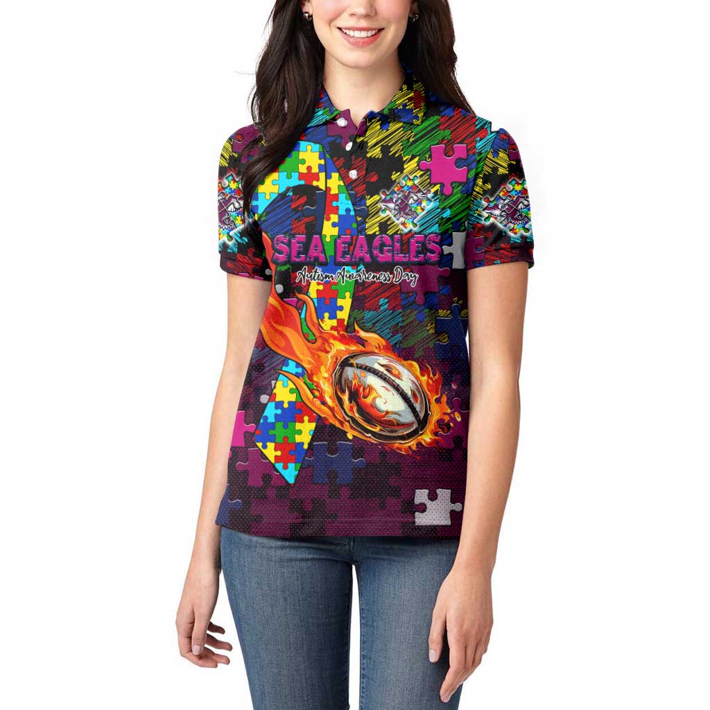 Sea Eagles Autism Awareness Women Polo Shirt Puzzle Flames Rugby Ball