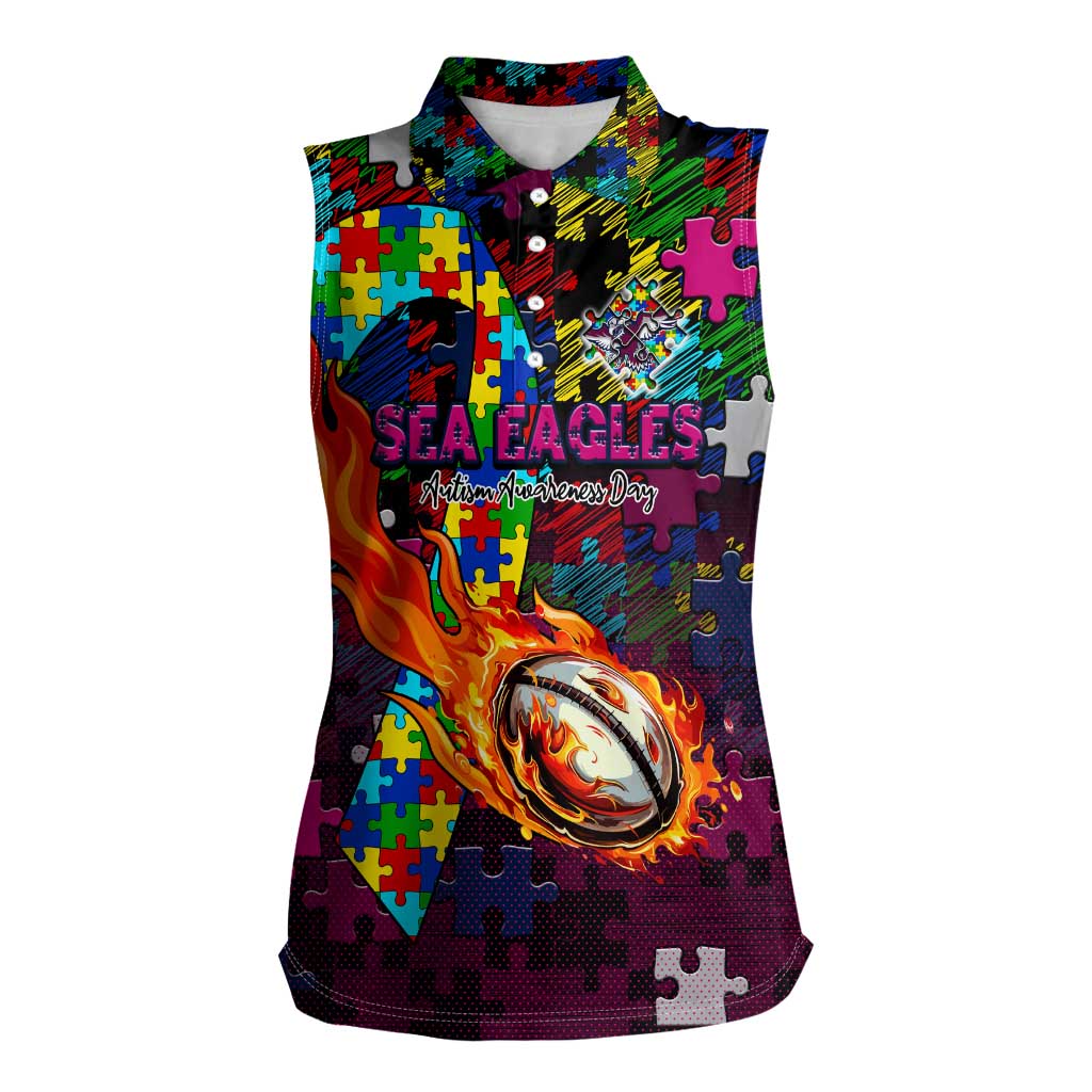Sea Eagles Autism Awareness Women Sleeveless Polo Shirt Puzzle Flames Rugby Ball