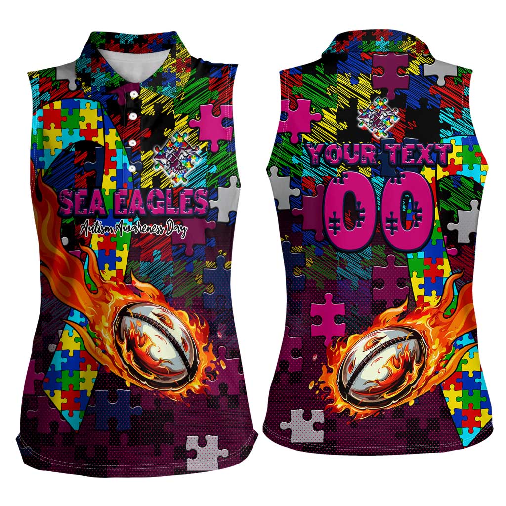 Sea Eagles Autism Awareness Women Sleeveless Polo Shirt Puzzle Flames Rugby Ball