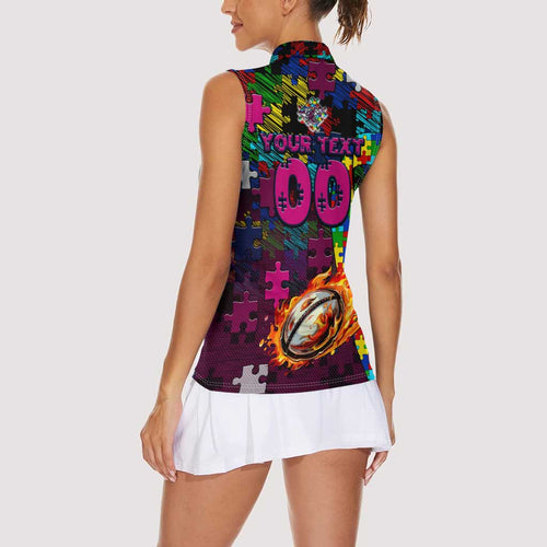Sea Eagles Autism Awareness Women Sleeveless Polo Shirt Puzzle Flames Rugby Ball