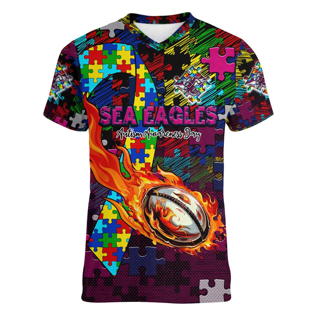 Sea Eagles Autism Awareness Women V-Neck T-Shirt Puzzle Flames Rugby Ball