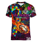 Sea Eagles Autism Awareness Women V-Neck T-Shirt Puzzle Flames Rugby Ball