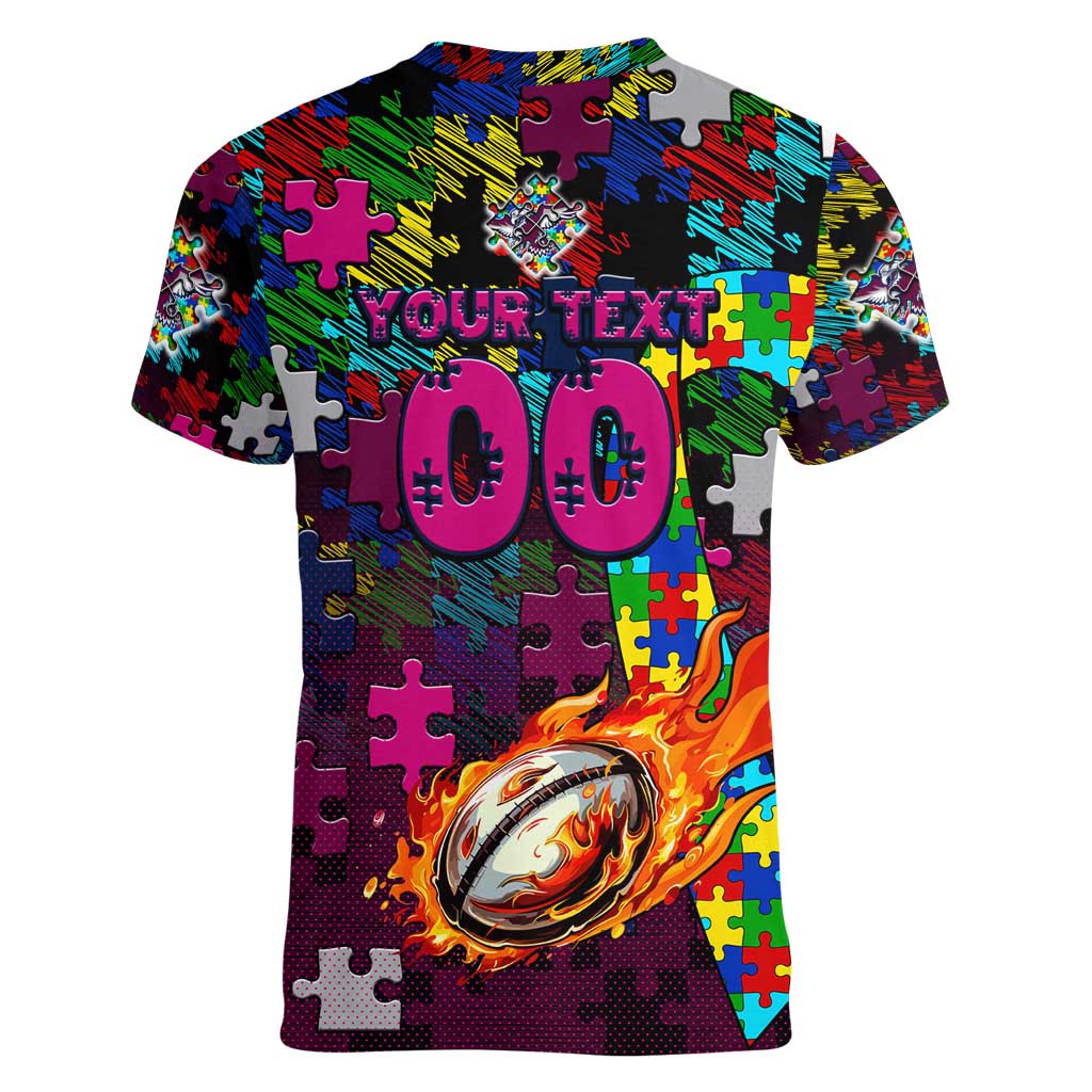 Sea Eagles Autism Awareness Women V-Neck T-Shirt Puzzle Flames Rugby Ball