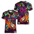 Sea Eagles Autism Awareness Women V-Neck T-Shirt Puzzle Flames Rugby Ball