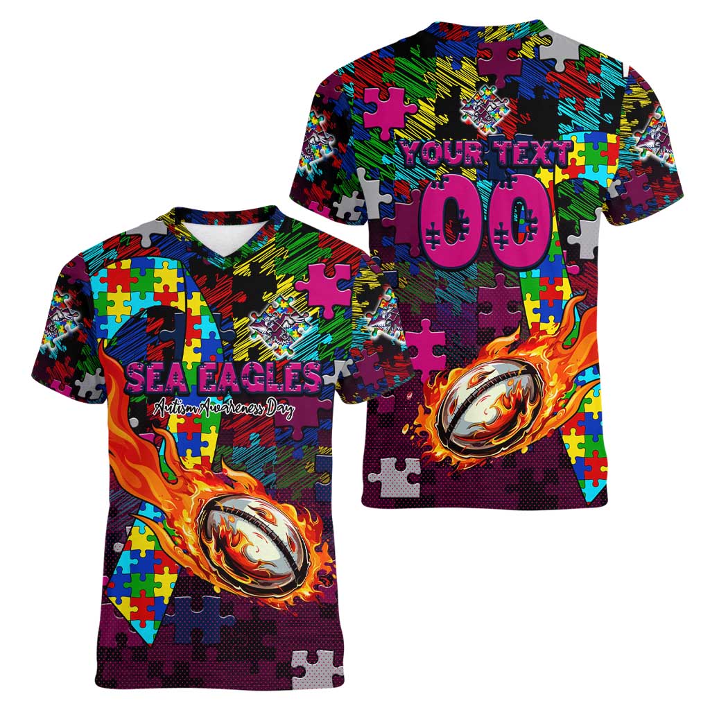 Sea Eagles Autism Awareness Women V-Neck T-Shirt Puzzle Flames Rugby Ball