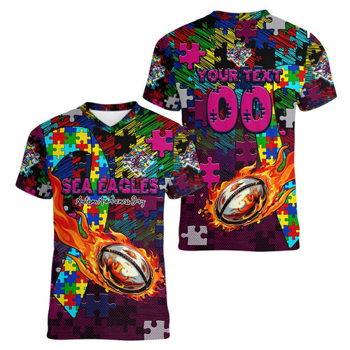 Sea Eagles Autism Awareness Women V-Neck T-Shirt Puzzle Flames Rugby Ball
