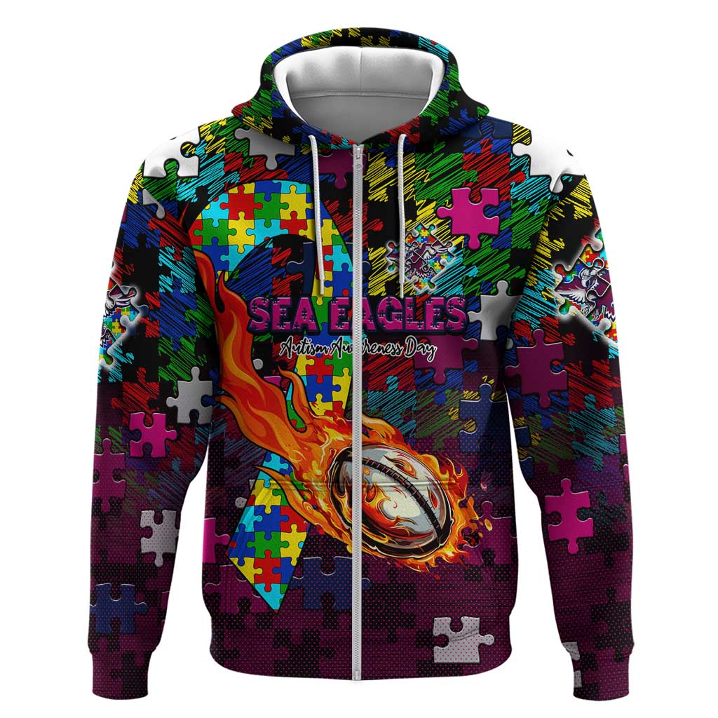 Sea Eagles Autism Awareness Zip Hoodie Puzzle Flames Rugby Ball