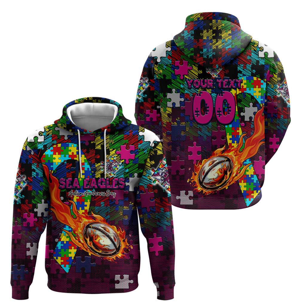 Sea Eagles Autism Awareness Zip Hoodie Puzzle Flames Rugby Ball