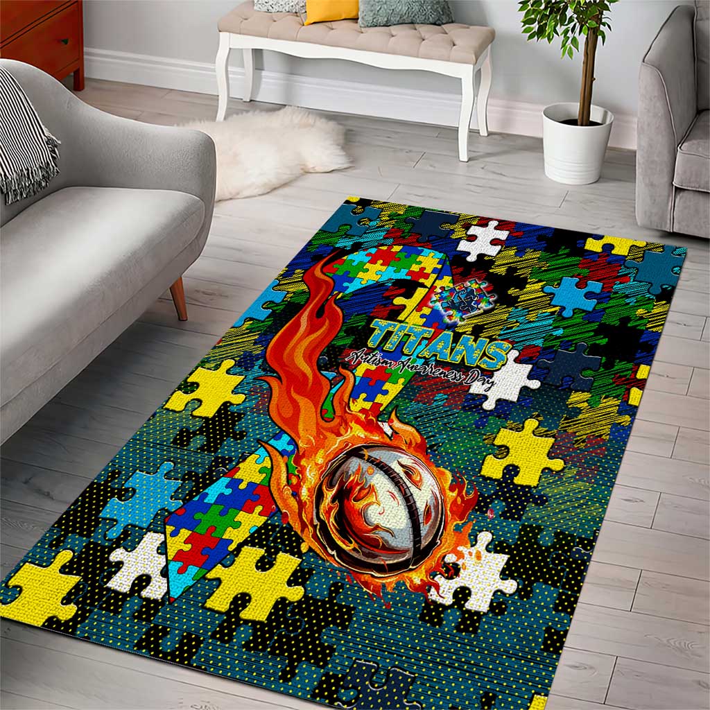 Titans Autism Awareness Area Rug Puzzle Flames Rugby Ball