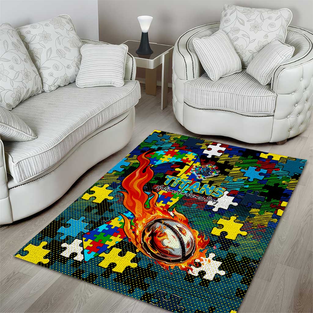 Titans Autism Awareness Area Rug Puzzle Flames Rugby Ball