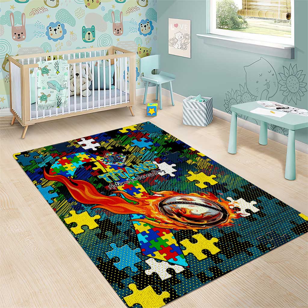Titans Autism Awareness Area Rug Puzzle Flames Rugby Ball