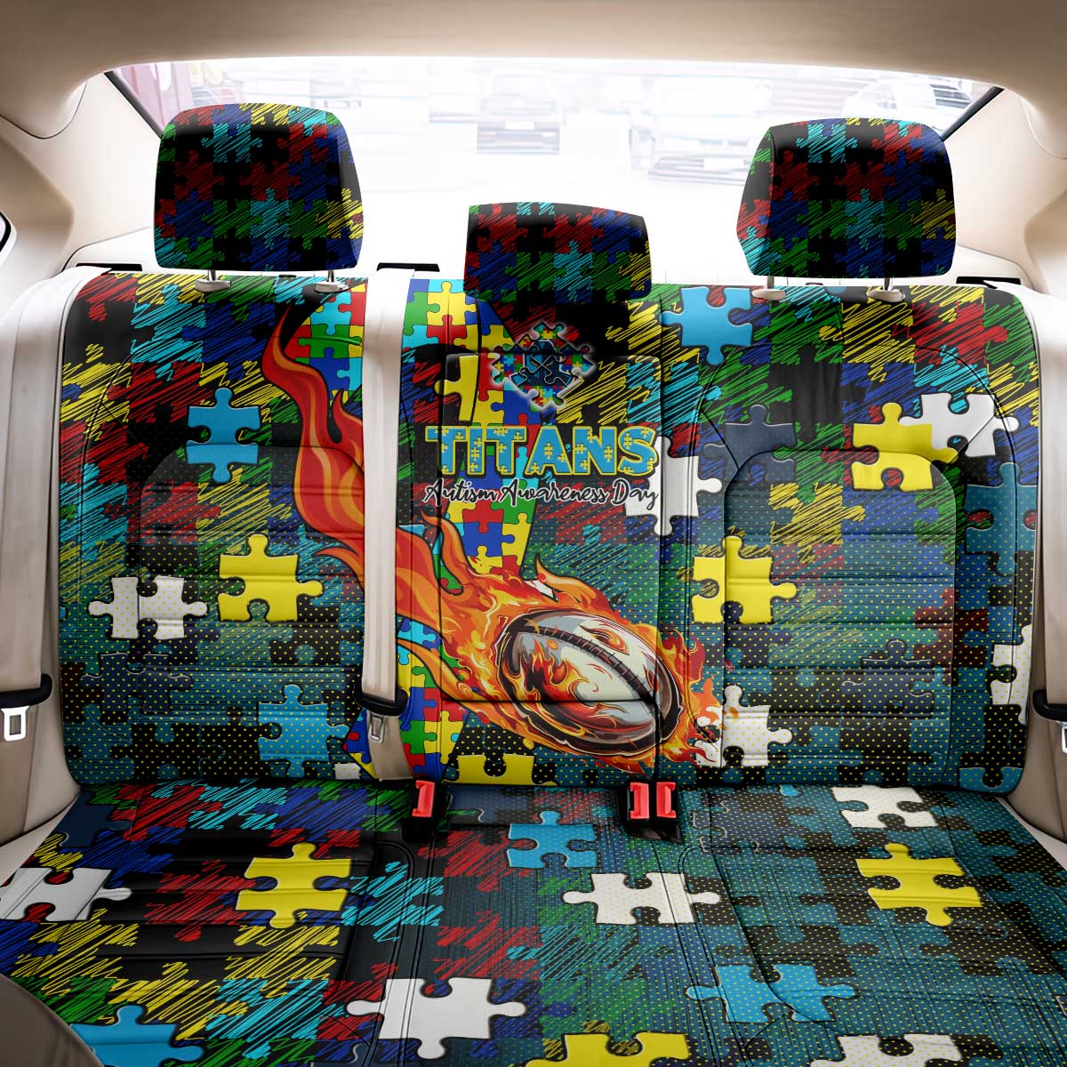 Titans Autism Awareness Back Car Seat Cover Puzzle Flames Rugby Ball