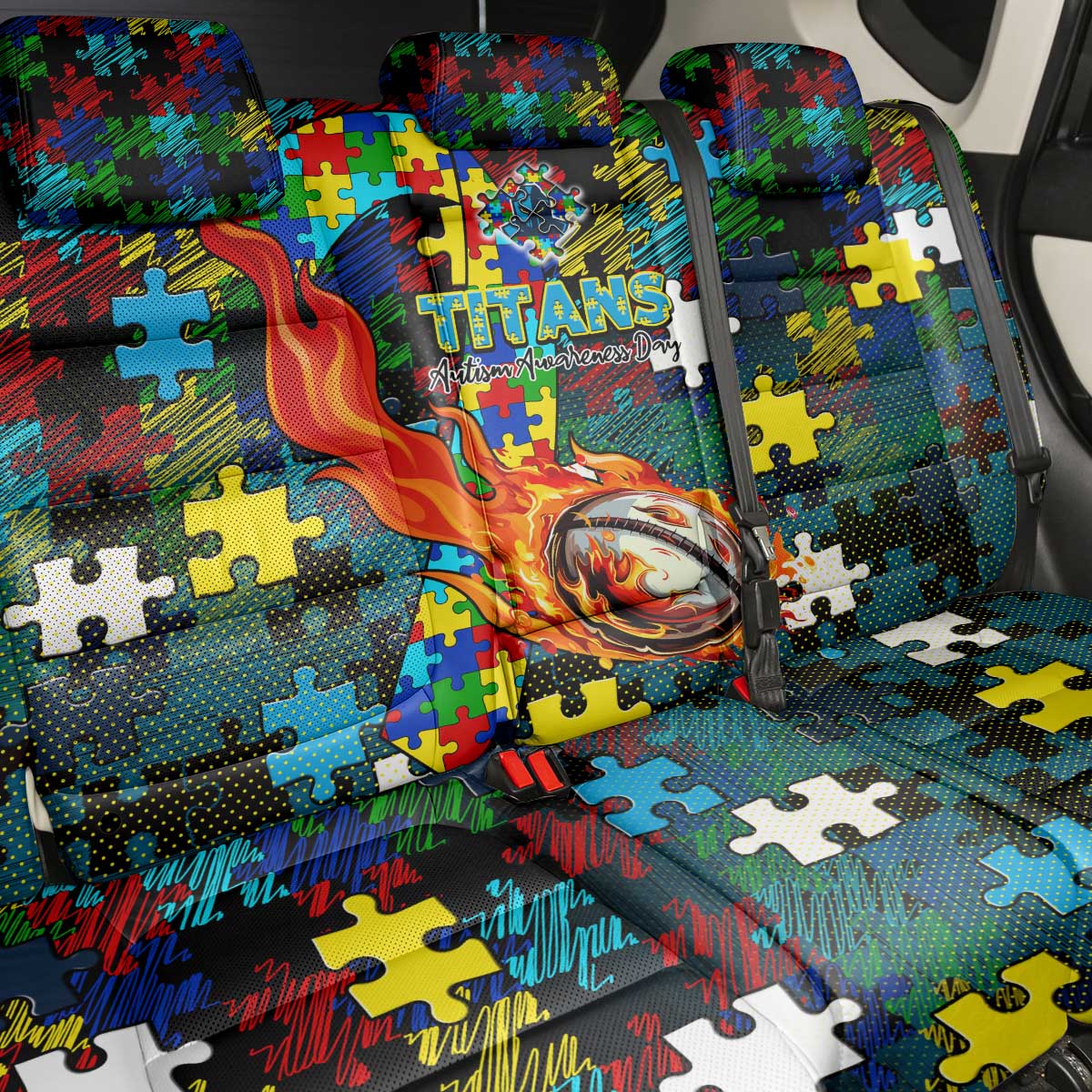 Titans Autism Awareness Back Car Seat Cover Puzzle Flames Rugby Ball