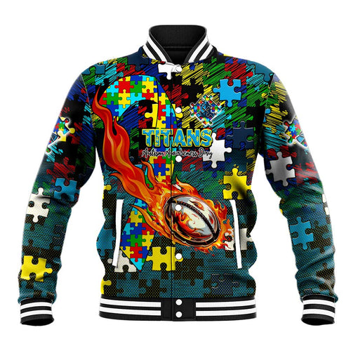 Titans Autism Awareness Baseball Jacket Puzzle Flames Rugby Ball