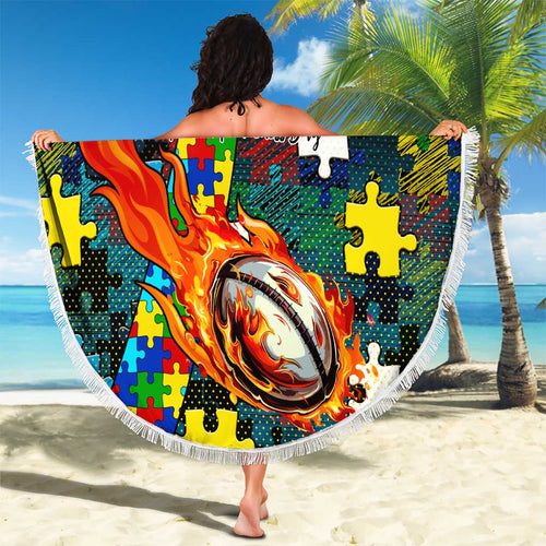 Titans Autism Awareness Beach Blanket Puzzle Flames Rugby Ball