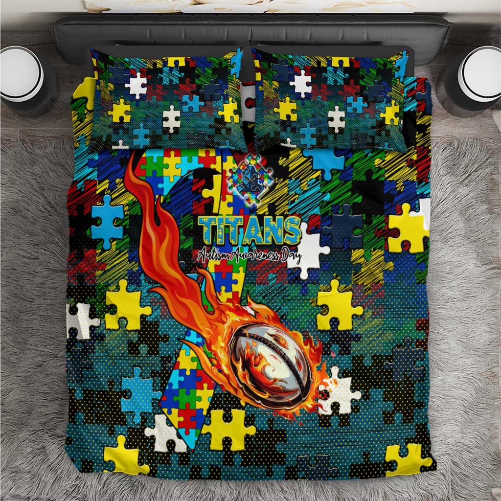 Titans Autism Awareness Bedding Set Puzzle Flames Rugby Ball