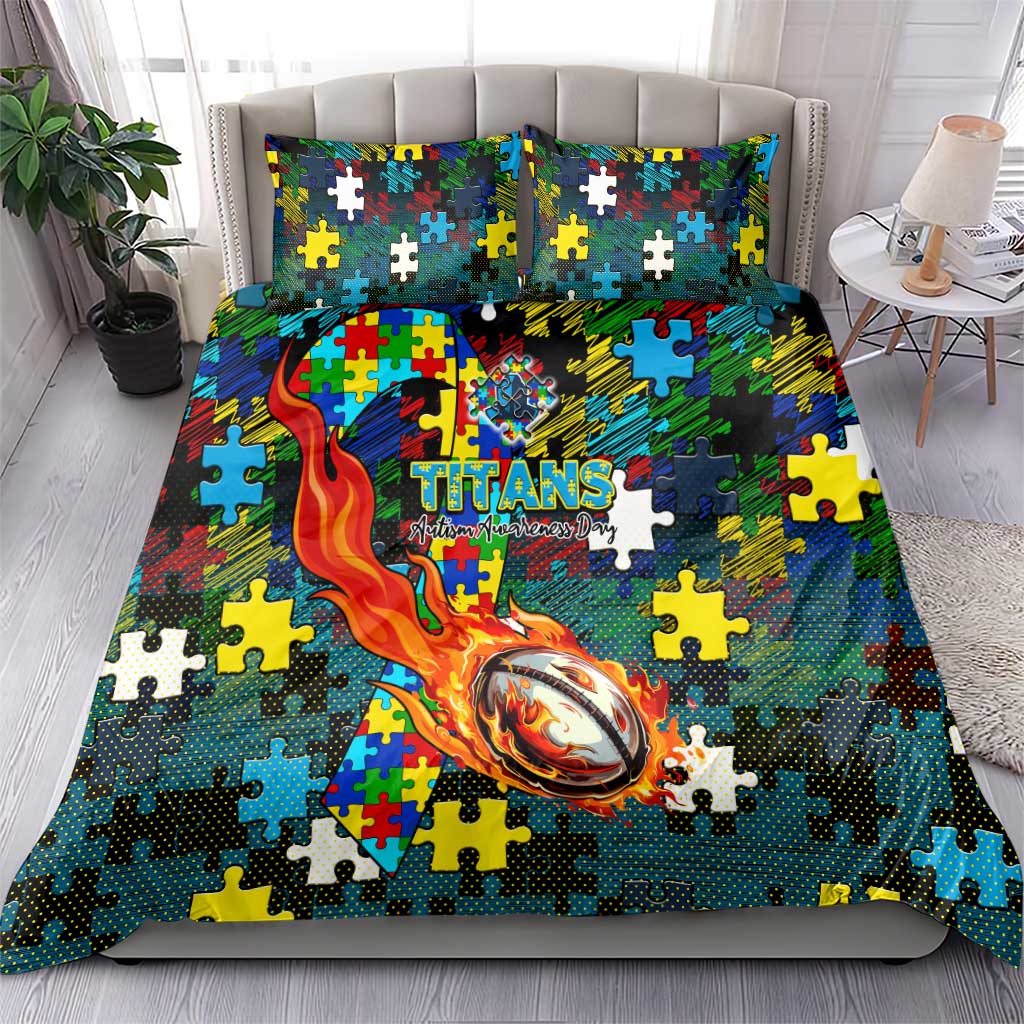 Titans Autism Awareness Bedding Set Puzzle Flames Rugby Ball