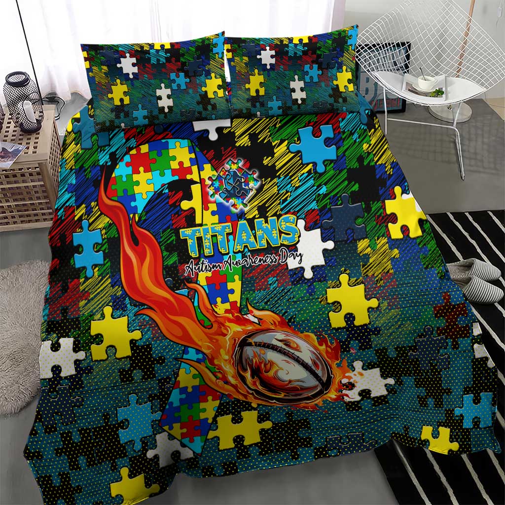 Titans Autism Awareness Bedding Set Puzzle Flames Rugby Ball