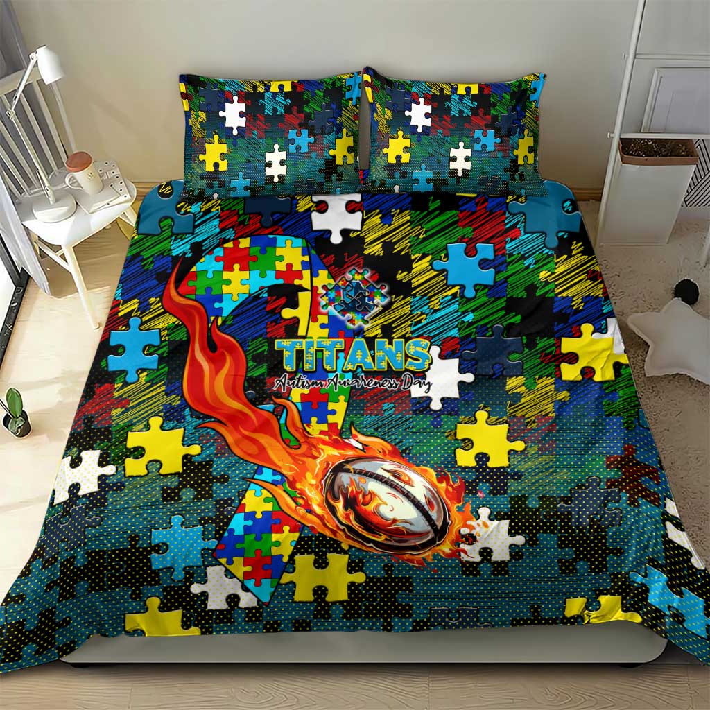 Titans Autism Awareness Bedding Set Puzzle Flames Rugby Ball