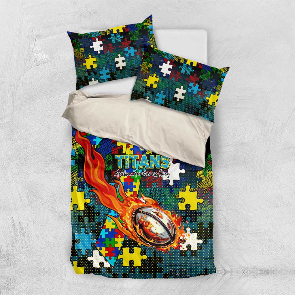 Titans Autism Awareness Bedding Set Puzzle Flames Rugby Ball