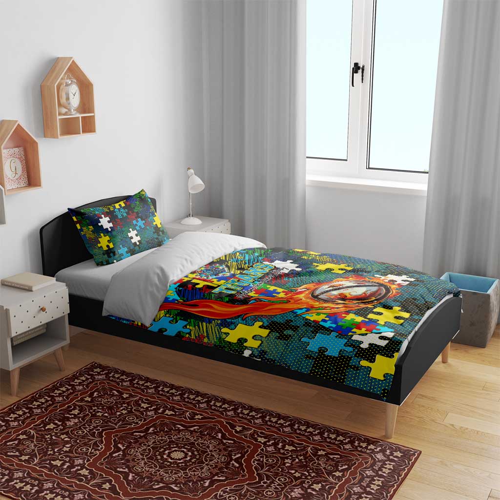 Titans Autism Awareness Bedding Set Puzzle Flames Rugby Ball