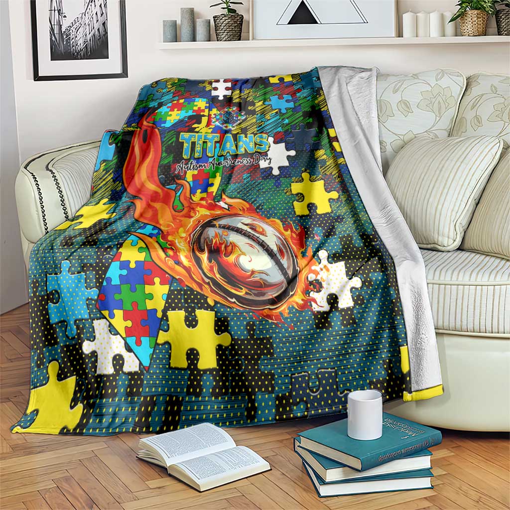 Titans Autism Awareness Blanket Puzzle Flames Rugby Ball