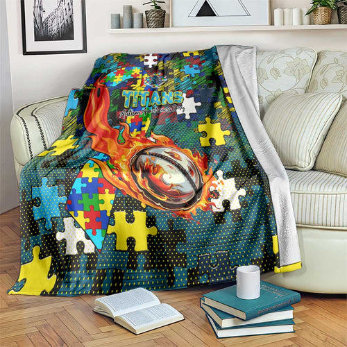 Titans Autism Awareness Blanket Puzzle Flames Rugby Ball