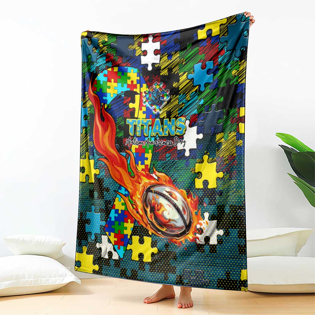 Titans Autism Awareness Blanket Puzzle Flames Rugby Ball