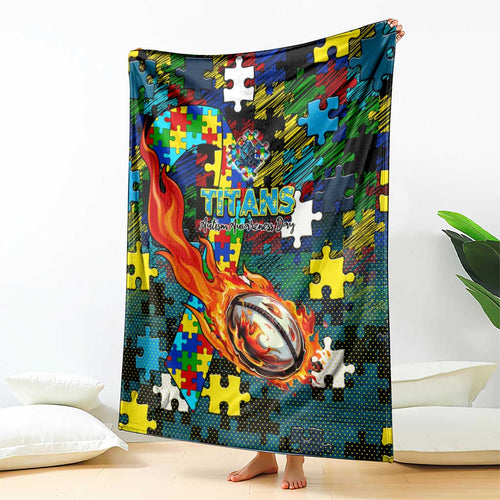 Titans Autism Awareness Blanket Puzzle Flames Rugby Ball