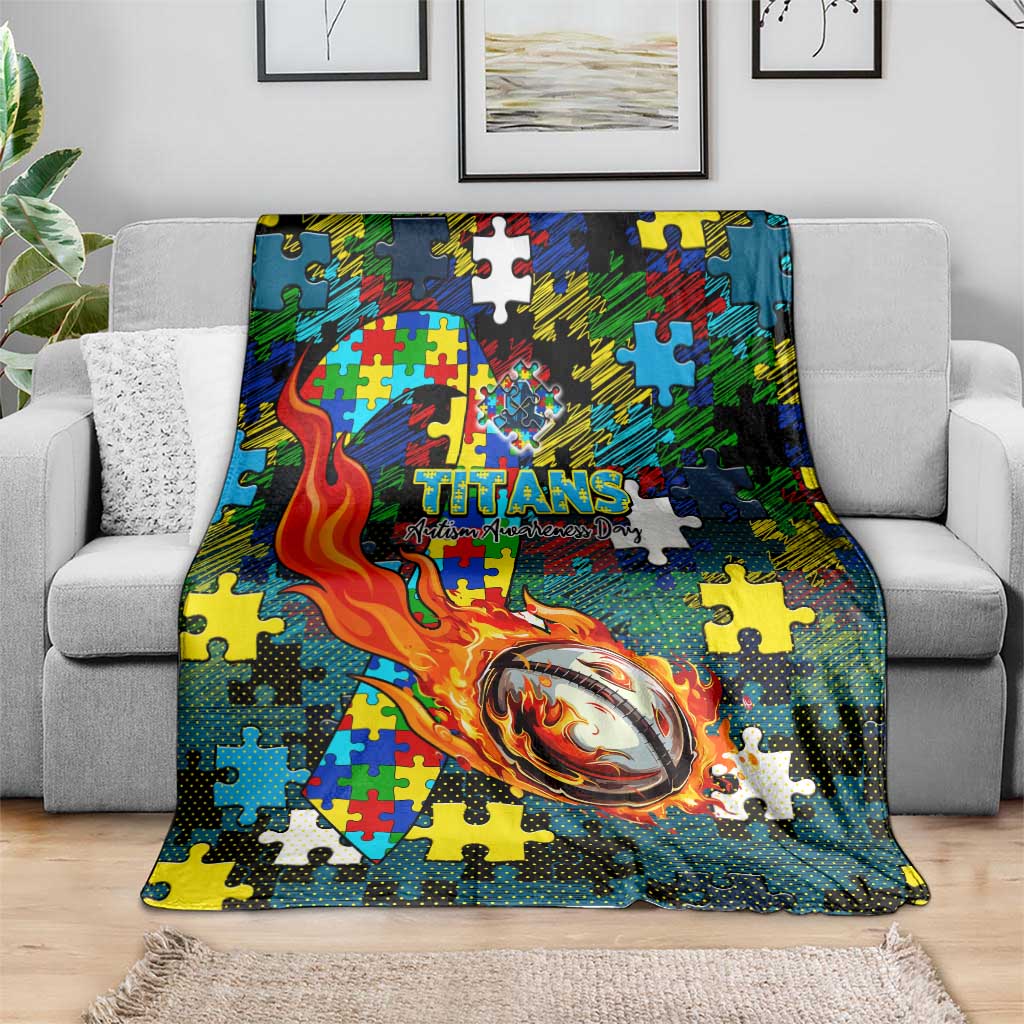 Titans Autism Awareness Blanket Puzzle Flames Rugby Ball