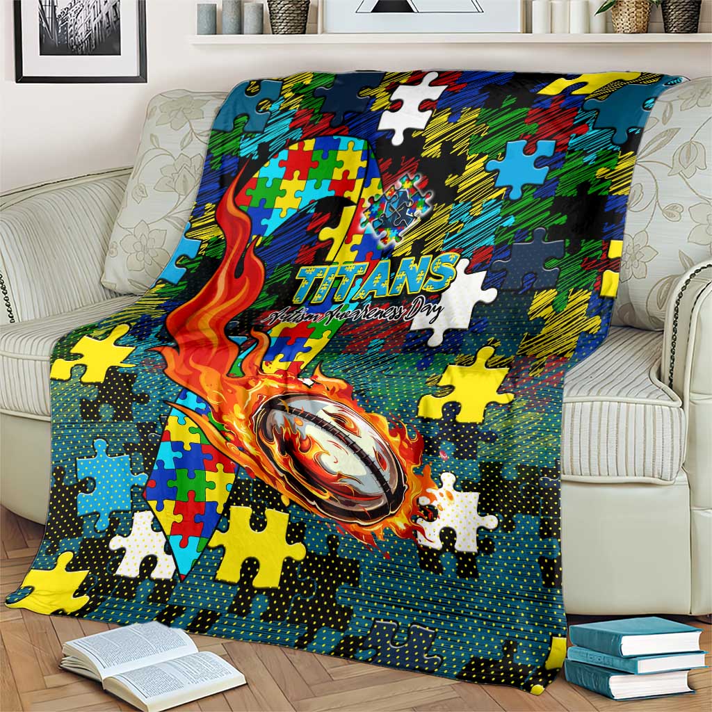 Titans Autism Awareness Blanket Puzzle Flames Rugby Ball