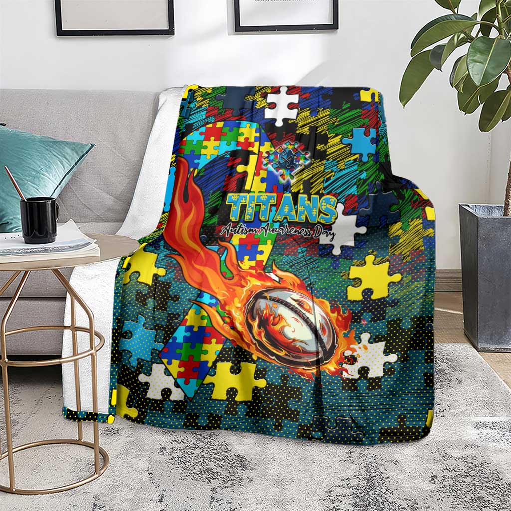 Titans Autism Awareness Blanket Puzzle Flames Rugby Ball