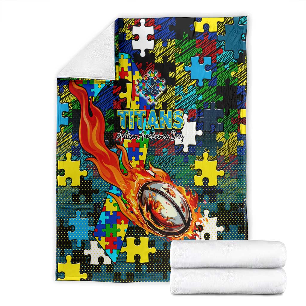 Titans Autism Awareness Blanket Puzzle Flames Rugby Ball