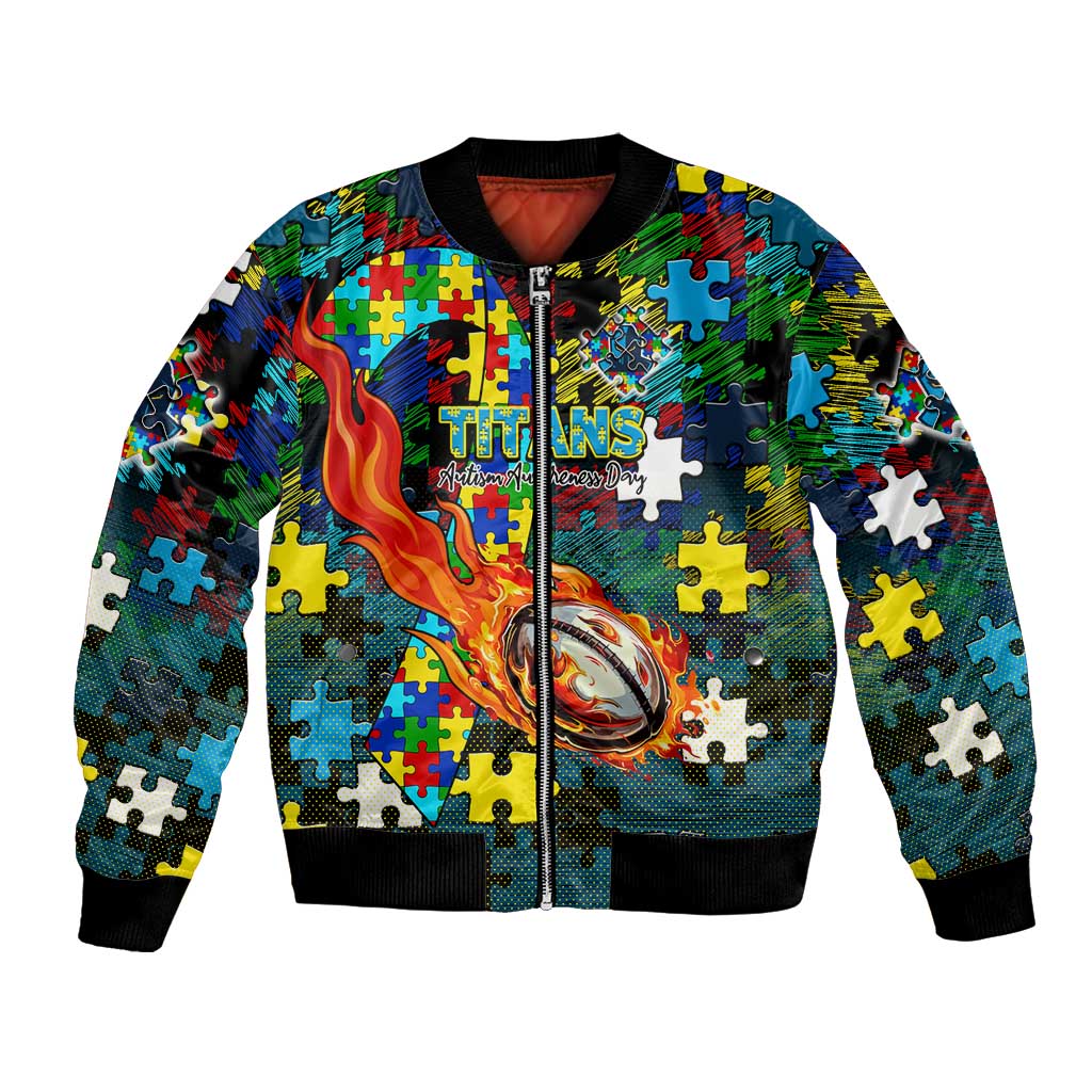 Titans Autism Awareness Bomber Jacket Puzzle Flames Rugby Ball