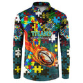 Titans Autism Awareness Button Sweatshirt Puzzle Flames Rugby Ball