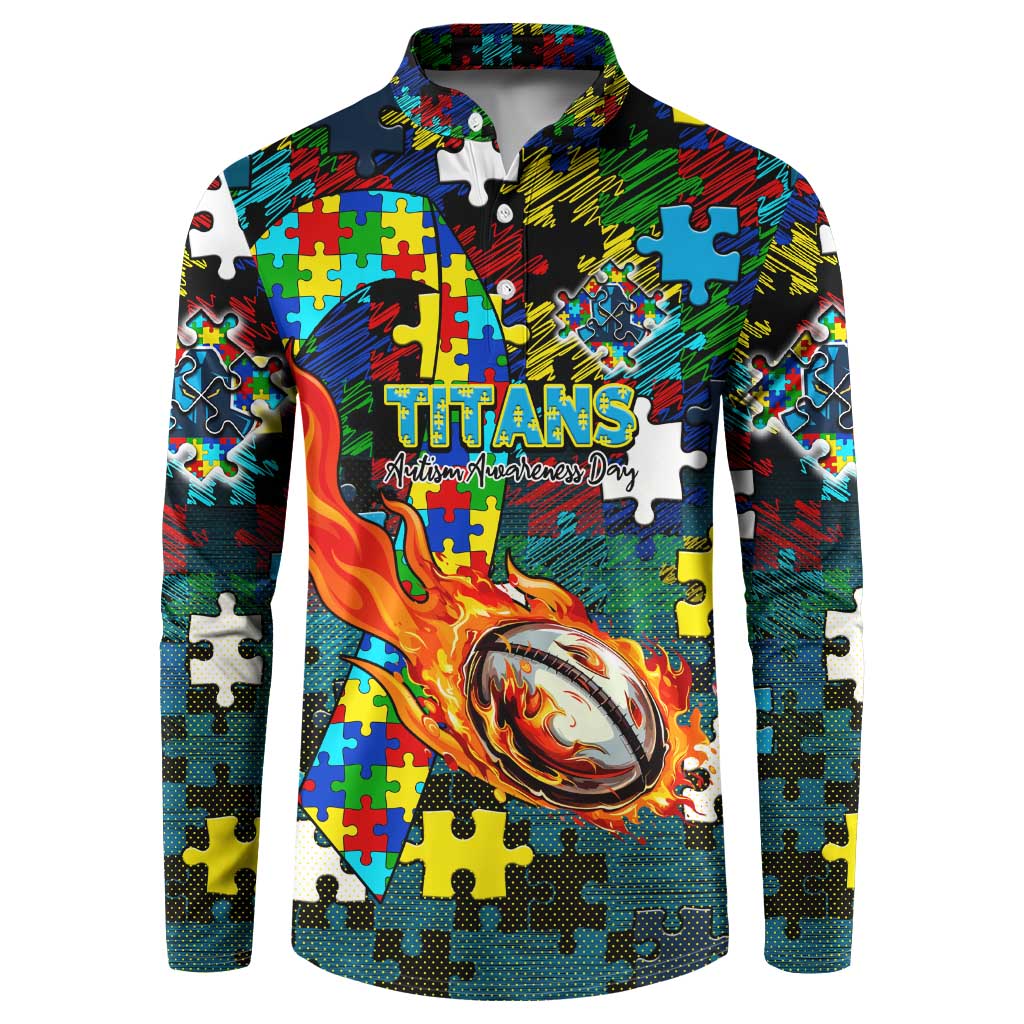 Titans Autism Awareness Button Sweatshirt Puzzle Flames Rugby Ball
