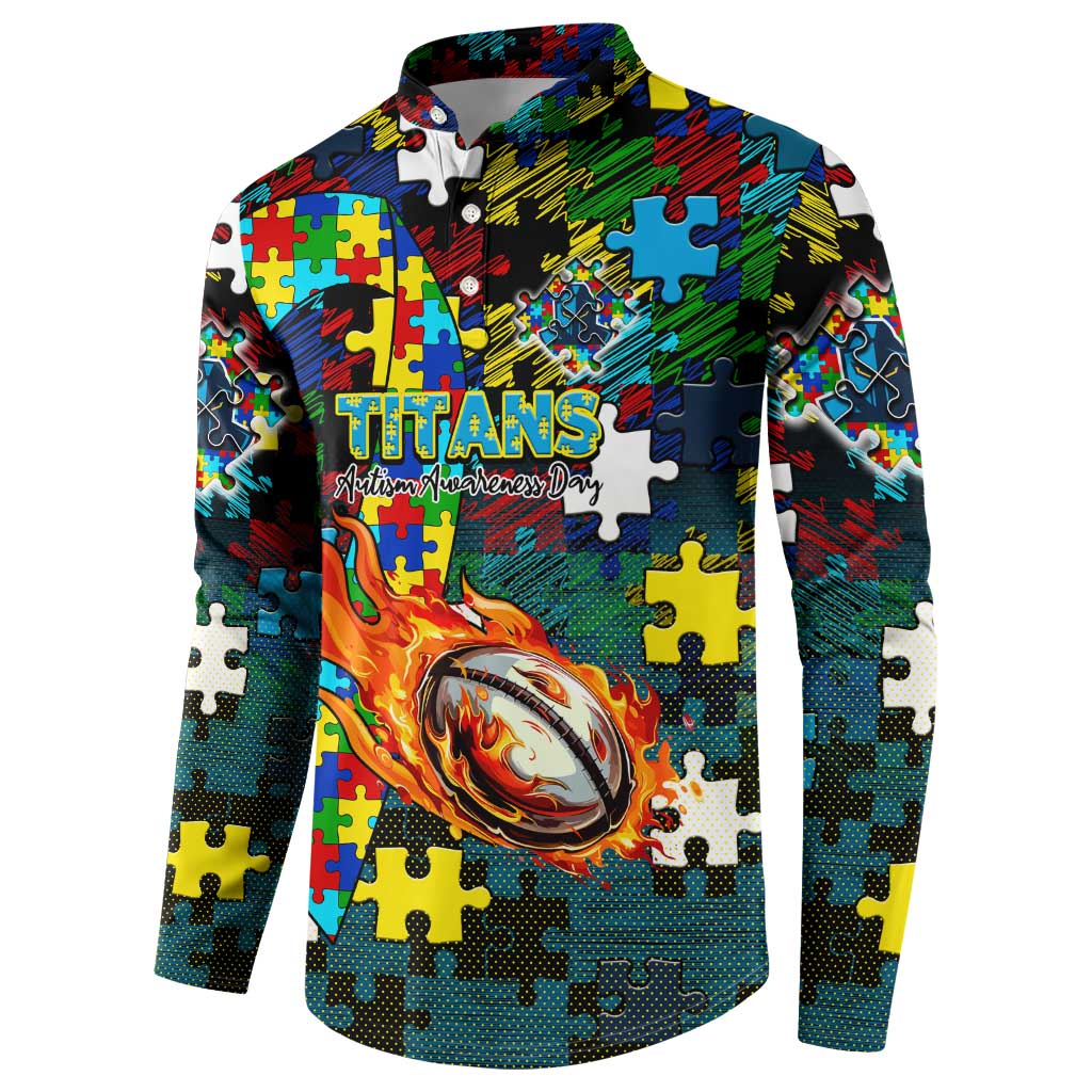 Titans Autism Awareness Button Sweatshirt Puzzle Flames Rugby Ball