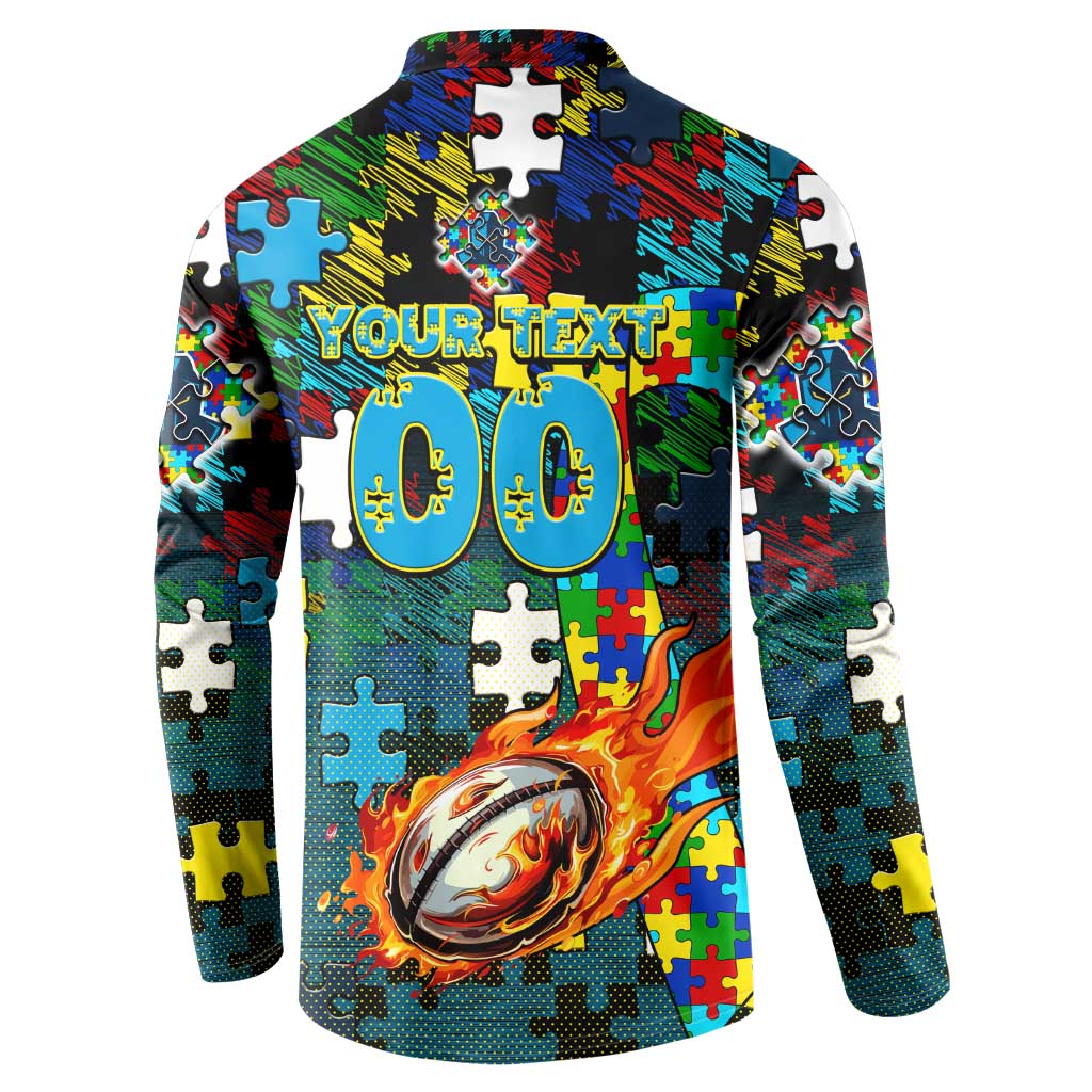 Titans Autism Awareness Button Sweatshirt Puzzle Flames Rugby Ball