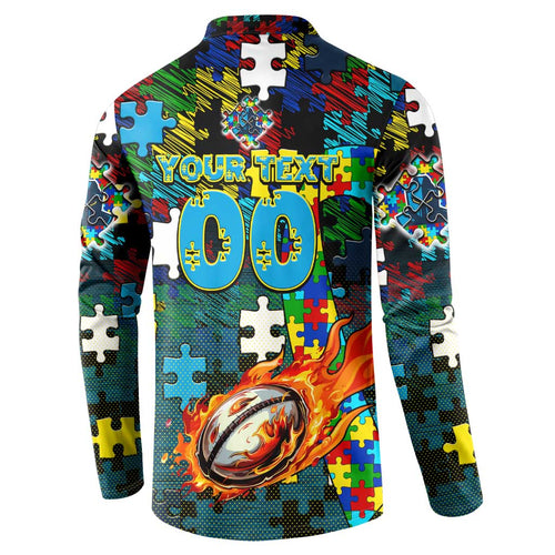Titans Autism Awareness Button Sweatshirt Puzzle Flames Rugby Ball