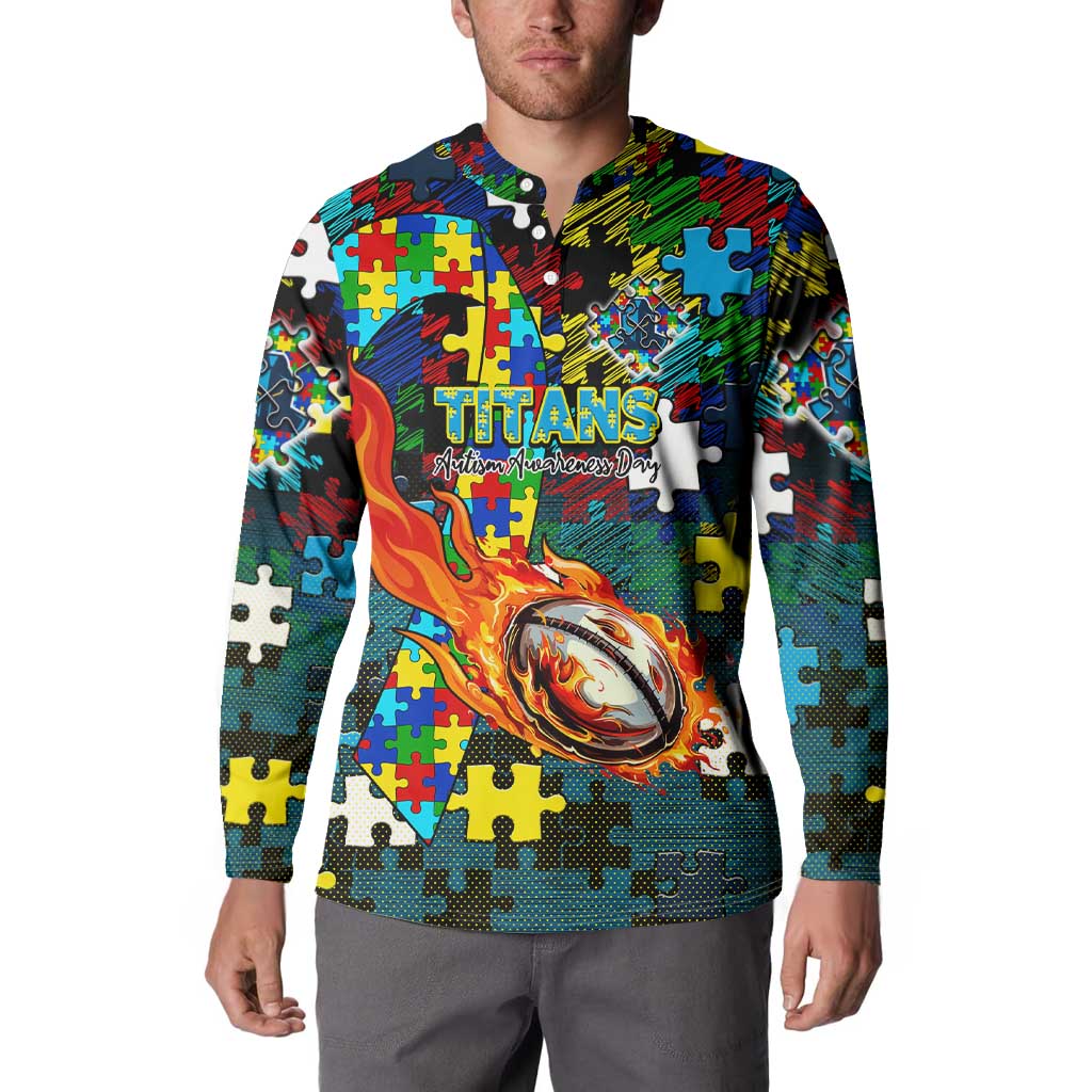 Titans Autism Awareness Button Sweatshirt Puzzle Flames Rugby Ball