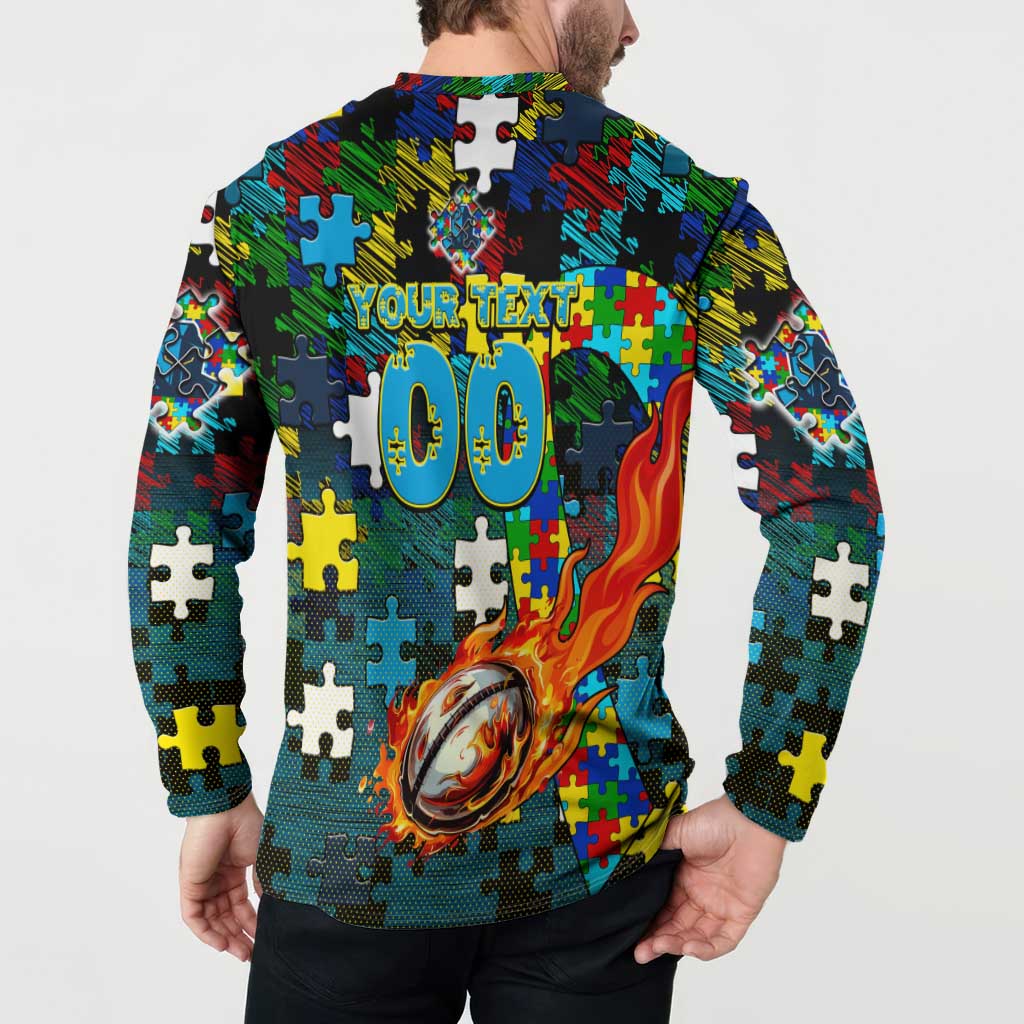 Titans Autism Awareness Button Sweatshirt Puzzle Flames Rugby Ball