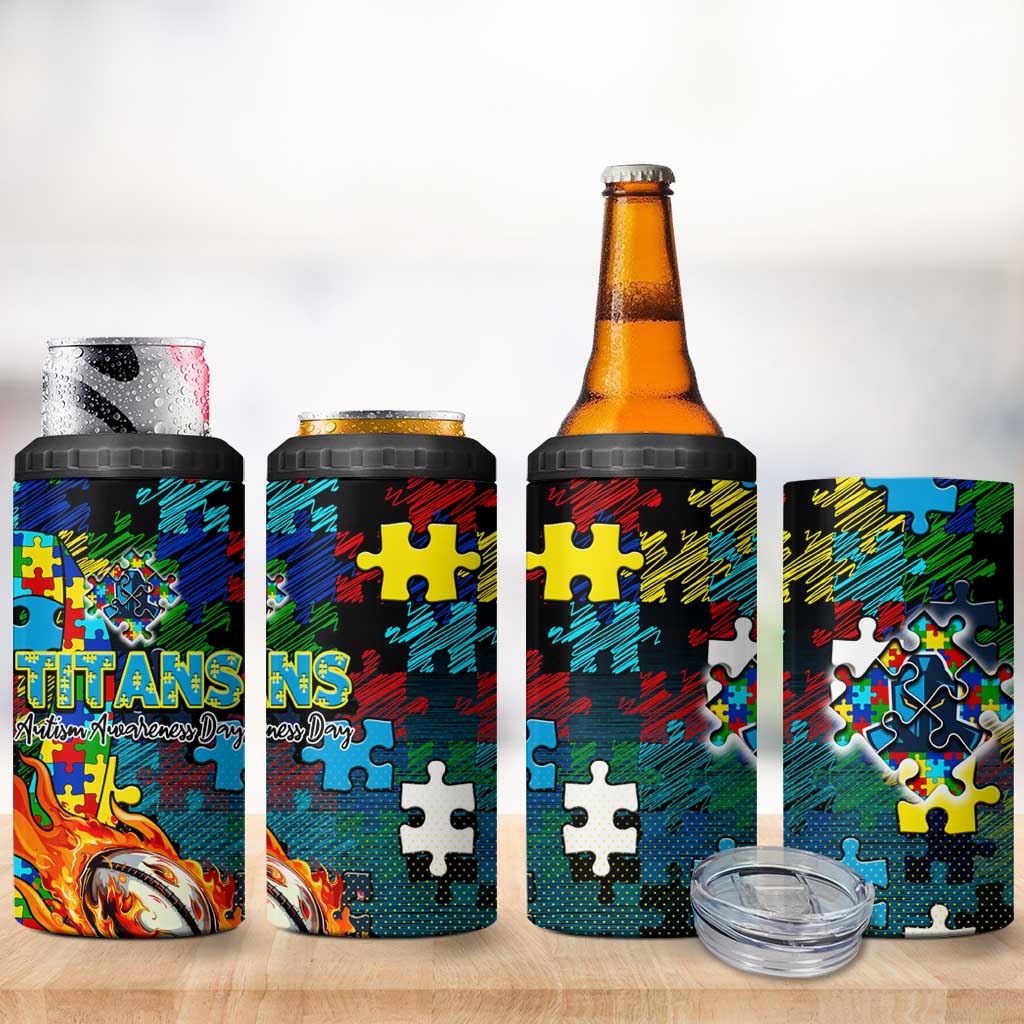 Titans Autism Awareness 4 in 1 Can Cooler Tumbler Puzzle Flames Rugby Ball