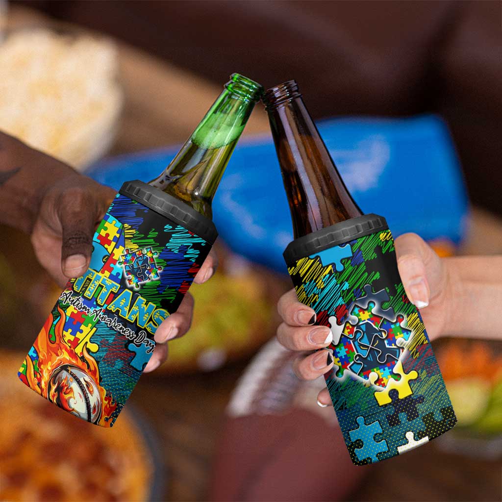 Titans Autism Awareness 4 in 1 Can Cooler Tumbler Puzzle Flames Rugby Ball