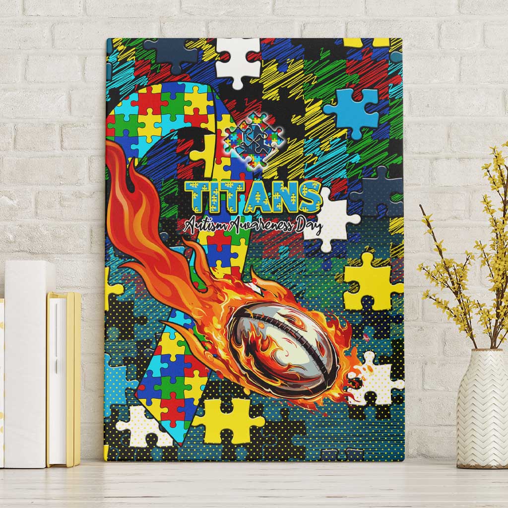 Titans Autism Awareness Canvas Wall Art Puzzle Flames Rugby Ball